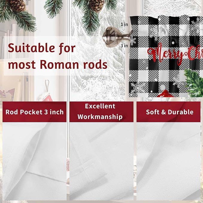 Christmas Tree Snowman Swag Valance Curains Winter Snowflake Black Buffalo Plaid Rod Pocket Kitchen Curtains Scalloped Window Treatment Valances Swag for Living Room Bedroom, 1 Pair, 28"W x 36"L
