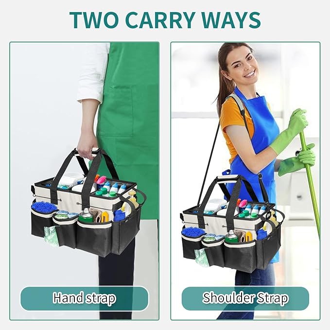 Cleaning Bags for Housekeepers, Large Cleaning Supplies Organizer with Handles & Shoulder Strap, Cleaning Caddy Bag with Foldable Divider for Cleaners, Car Horse Cleaning Bag(White)