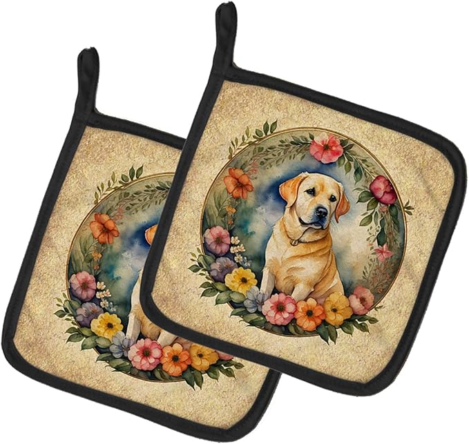 Caroline's Treasures Yellow Labrador Retriever and Flowers Pair of Pot Holders Kitchen Heat Resistant Pot Holders Sets Oven Hot Pads for Cooking Baking BBQ, 7 1/2 x 7 1/2