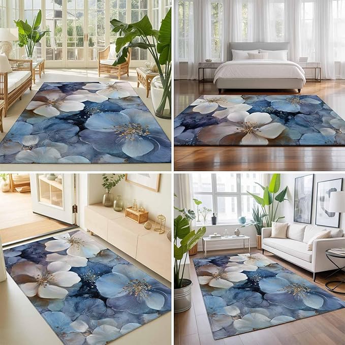 Area Rug 9x12ft, Watercolor White Navy Blue Floral Foliage Washable Rugs for Living Room Bedroom Rectangle Floor Carpet, Abstract Flower Soft Non-Slip Area Rugs for Dining Room