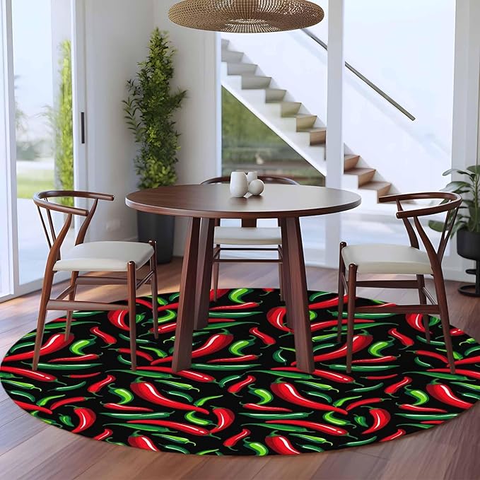 Washable Round Area Rug Spicy Chili Pepper Pattern Circle Rugs Floor Carpet for Living Room Bedroom, Red Green Peppers on Black Soft Non Slip Round Rug 5ft