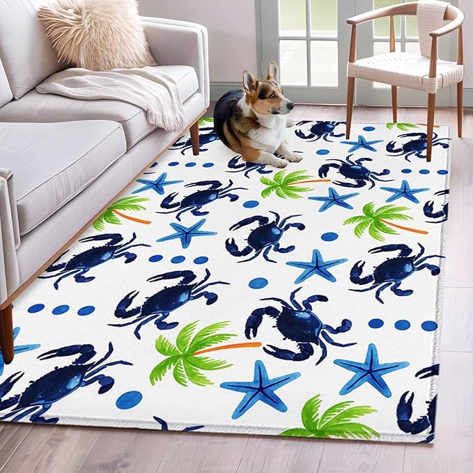 Area Rug 3x5ft, Abstract Blue Crab Starfish Washable Rugs for Living Room Bedroom, Watercolor Palm Tree Soft Non-Slip Area Rugs Rectangle Floor Carpet for Dining Room