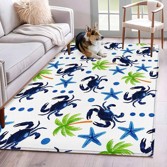 Area Rug 4x6ft, Abstract Blue Crab Starfish Washable Rugs for Living Room Bedroom, Watercolor Palm Tree Soft Non-Slip Area Rugs Rectangle Floor Carpet for Dining Room