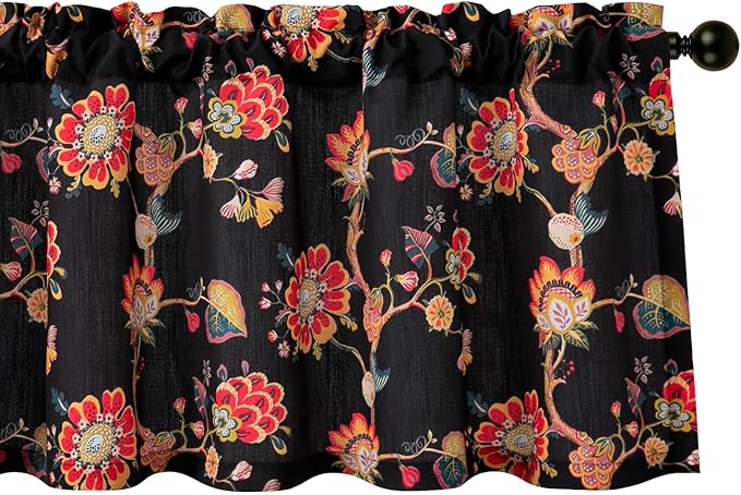 Leeva Vintage Floral Curtains Valances, Light Filtering Curtain Panel for Living Dining Room, Rod Pocket Design (1 Piece, 52 x 18, Red and Black)