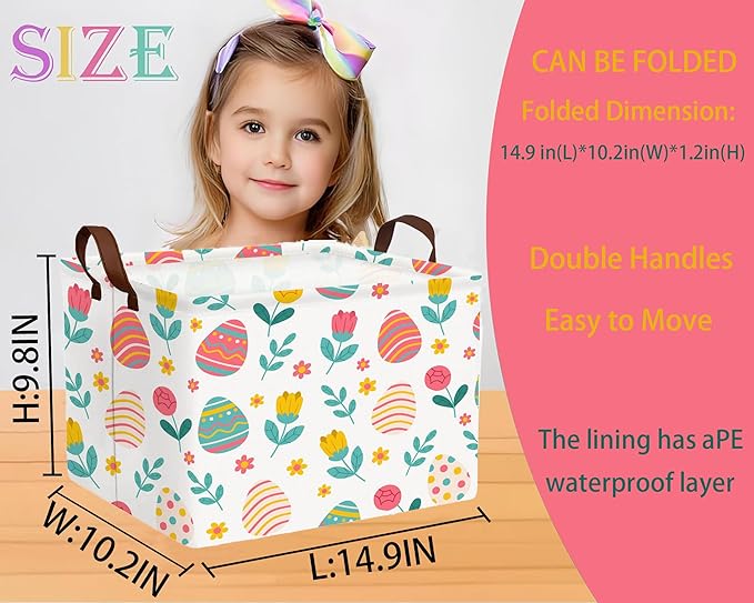 Large Rectangular Easter Baskets Empty Waterproof Boy Toy Box Foldable Kid's Gifts Storage Bin Spring Room Decor(Rose Egg)