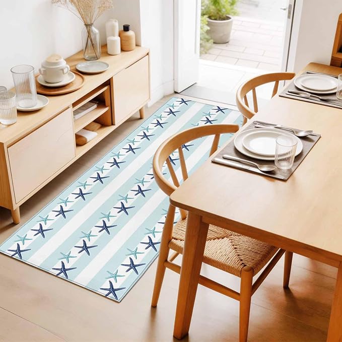 Runner Rug for Bedroom Hallway, Summer Coastal Starfish Blue Teal Kitchen Runner Rugs Area Rug 2x6ft, Watercolor Ocean Theme Stripe Washable Soft Floor Carpet for Entryway Stair