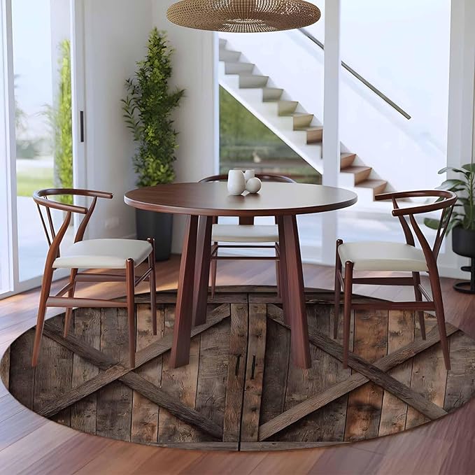 Washable Round Area Rug Vintage Farmhouse Barn Circle Rugs Floor Carpet for Living Room Bedroom, Country Wooden Plank Soft Non Slip Round Rug 5ft