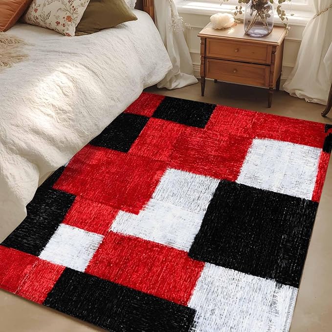Area Rug 4x6ft, Red Black White Gradient Washable Rugs for Living Room Bedroom, Abstract Color Block Soft Non-Slip Area Rugs Rectangle Floor Carpet for Dining Room