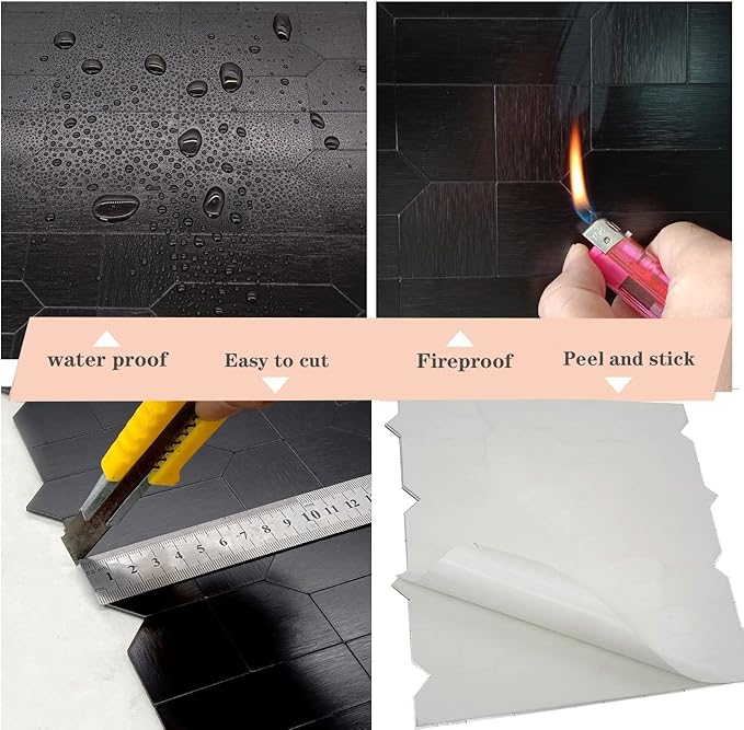 XUANINY 7-Sheet Peel and Stick Metal Backsplash Tiles, Self Adhesive Multiple-Shapes Aluminum Mosaic 3D Wall Sticker for Kitchen Bathroom Decor (7, Brushed Black)