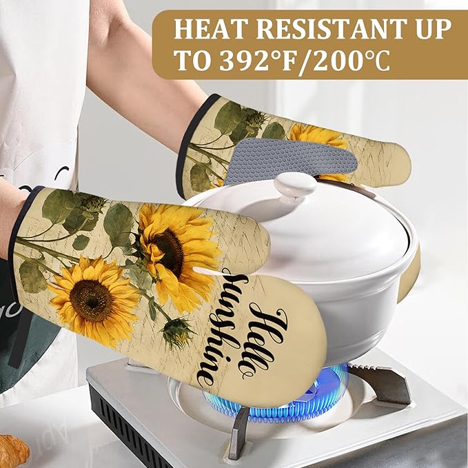 Vintage Sunflower Oven Mitts and Pot Holders Sets 4Pcs Hello Sunshine Floral Silicone Kitchen Gloves Heat Resistant Potholders for Baking Cooking Grilling BBQ
