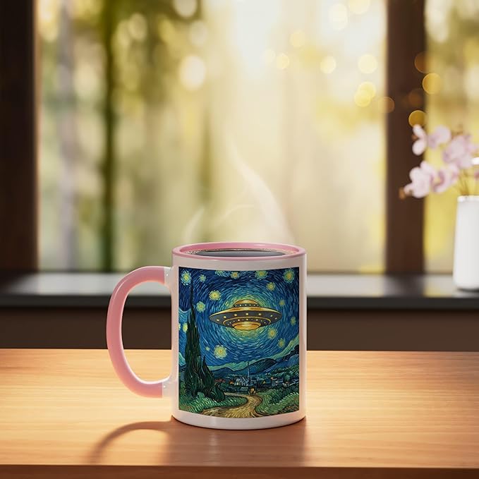 Ufo Over Starry Night Van Gogh Style Sci Fi Saucer Art Ceramic Mug, Pink/White