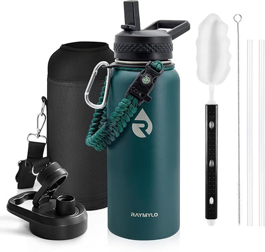 RAYMYLO Insulated Water Bottle 32 oz, Triple Wall Vacuum Stainless Steel (Cold for 24Hrs, Hot for 12Hrs), Leak Proof & Non-BPA, Modern Water Flask Jug with Paracord Handle & Straw Spout Lids