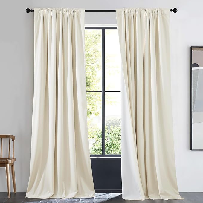 NICETOWN Ivory White Thick Living Room Velvet Room Warming Curtain 84 inches Long, 1 Panel Rod Pocket/Back Tab/Hook Belt Room Darkening Thermal Insulated Window Drape for Sliding Door, W48 x L84