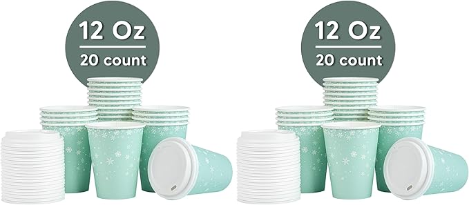 Restaurantware-Restpresso 12 Ounce Drinking Cups, 20 Hot Cups With Plastic Lids - Snowflake Design, Disposable, Light Blue Paper Coffee Cups, For Christmas Parties, Serve Hot And Cold Drinks