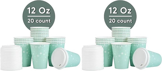 Restaurantware-Restpresso 12 Ounce Drinking Cups, 20 Hot Cups With Plastic Lids - Snowflake Design, Disposable, Light Blue Paper Coffee Cups, For Christmas Parties, Serve Hot And Cold Drinks