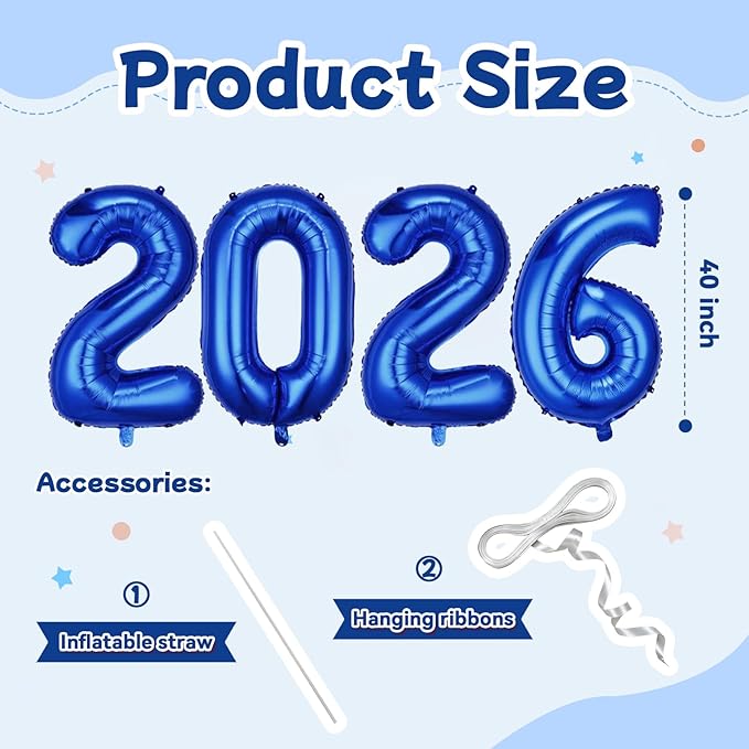Royal Blue 2026 Balloons, Jumbo 40 Inch Foil 2026 Number Balloons, Grad Balloons for Class of 2026 Graduation Party, Royal Blue Matellic Foil New Year Birthday Home Office Party Supplies