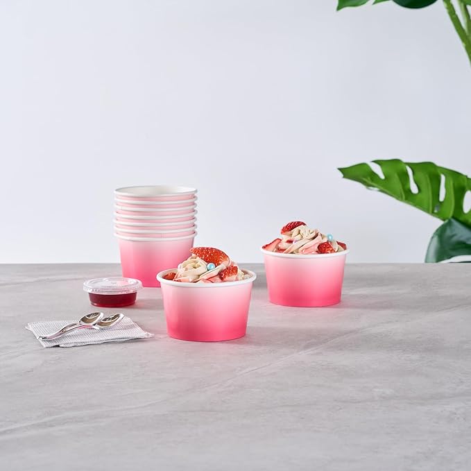 Restaurantware Paper Cups 200 Count 8 Ounce Square Disposable Ice Cream Containers, Leak-Resistant Paper Dessert To Go Cups, Hot And Cold Food, Durable Pink And White Ombre Design