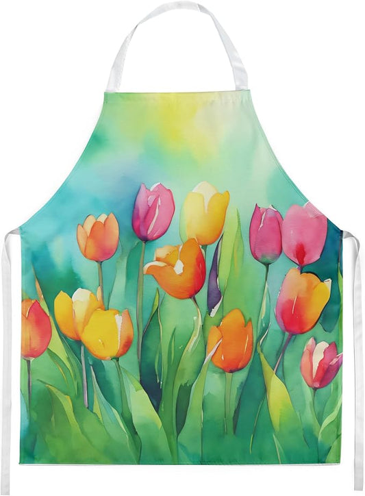 Caroline's Treasures Tulips in Watercolor Apron Cooking Kitchen Server Baking Crafts Gardening for Adult Women Men, Unisex, Large, Multicolor