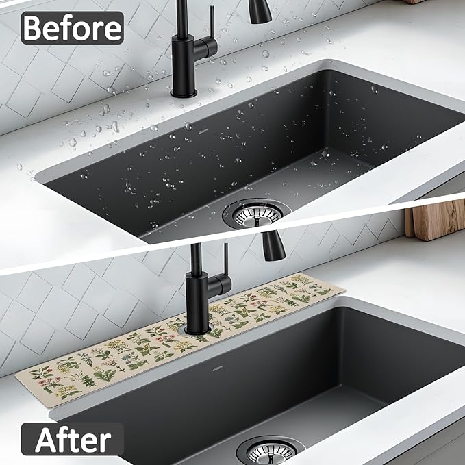 24" X 5.5" Kitchen Sink Splash Guard Faucet Mat Floral Super Absorbent Fast Drying Faucet Guard & Draining Mat Sink Splash Guard Behind Faucet for Kitchen, Bathroom