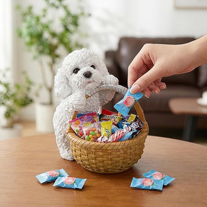 Cute White Poodle Candy Bowl, Resin Dog Figurine Key Bowl for Entryway Table, Desktop Storage Basket Organizer for Desk, Unique Poodle Lover Gift