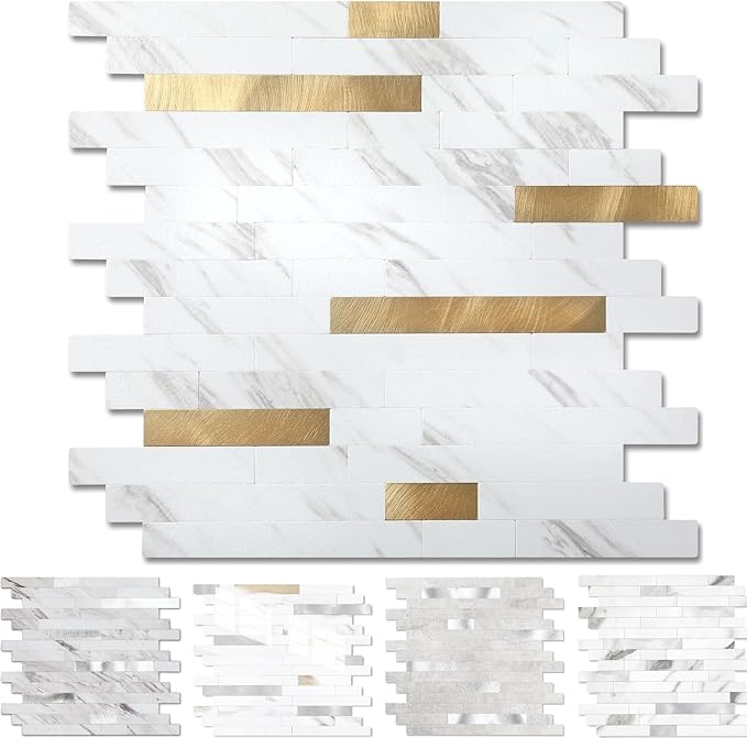 Yipscazo 1 Sheet Peel and Stick Stone Metal Tile Backsplash, Stick on Tiles for Backsplash Kitchen, Bathroom, Laundry Room, Camper, Fireplace (12'' X 12'', White Stone with Gold)