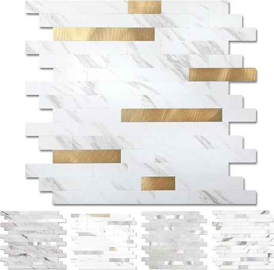 Yipscazo 5 Sheets Peel and Stick Stone Metal Tile Backsplash, Stick on Tiles for Backsplash Kitchen, Bathroom, Laundry Room, Camper, Fireplace (12'' X 12'', White Stone with Gold)
