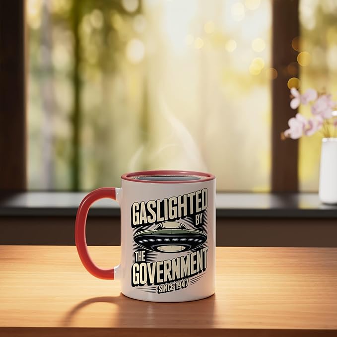 Alien UFO Gaslighted by the Government 1947 Ceramic Mug, Red/White