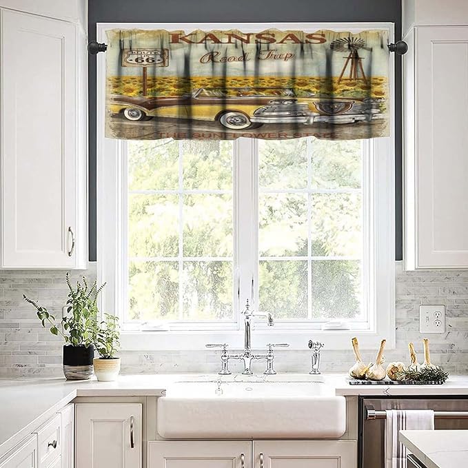 Retro Car Valance Curtain American Vintage Classic Old Car with Sunflowers Print Rod Pocket Valance Window Treatments Short Curtains for Kitchen Bathroom Farmhouse 54x18inch