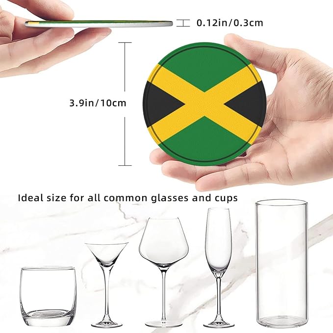 Jamaica Flag Leather Drinks Coasters with Holder, Set of 6, Suitable for Various Cups