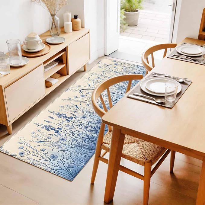 Runner Rug for Bedroom Hallway, Vintage Boho Blue Wildflowers Meadow Kitchen Runner Rugs Area Rug 2x6ft, Abstract Flower Washable Soft Floor Carpet for Entryway Stair