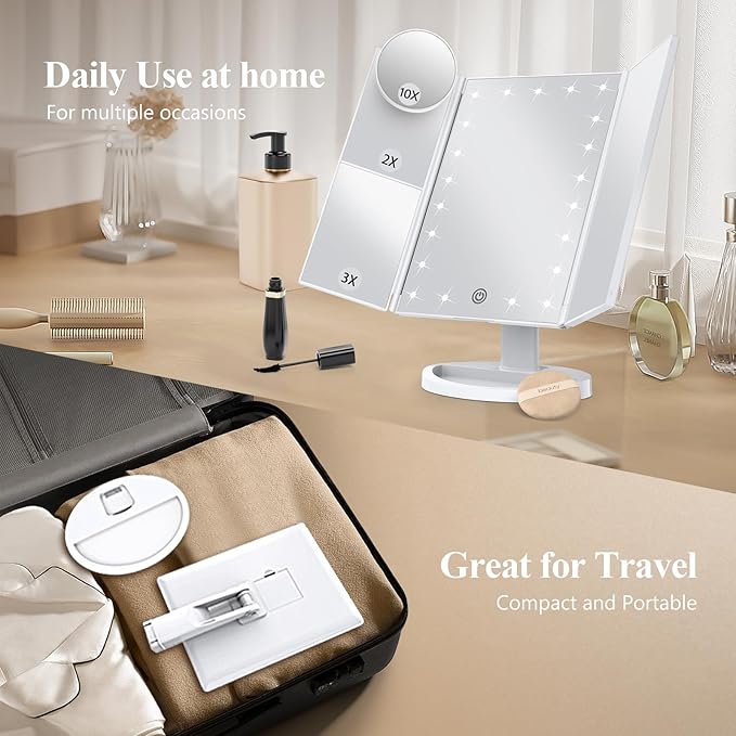 HUONUL Makeup Mirror, Gifts for Mom Mothers Day, Vanity Mirror with Lights, 2X/3X/10X Magnification, Touch Control, Trifold, Dual Power Supply, Birthday Gifts for Women, Girls, Dorm Room Essentials
