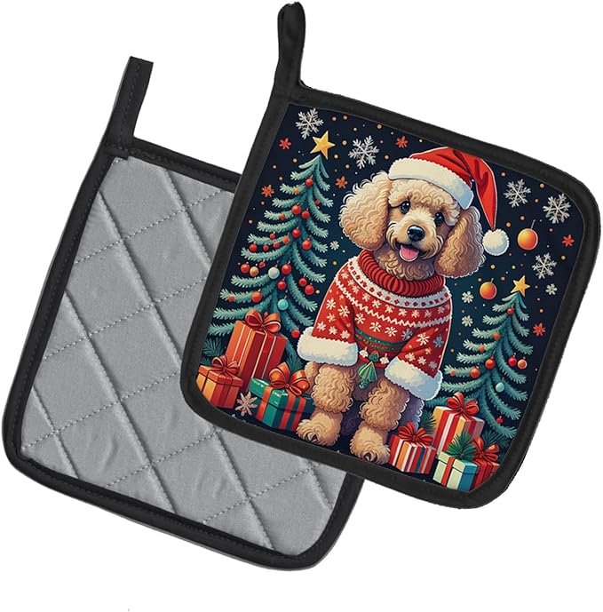 Caroline's Treasures Apricot Toy Poodle Christmas Pair of Pot Holders Kitchen Heat Resistant Pot Holders Sets Oven Hot Pads for Cooking Baking BBQ, 7 1/2 x 7 1/2
