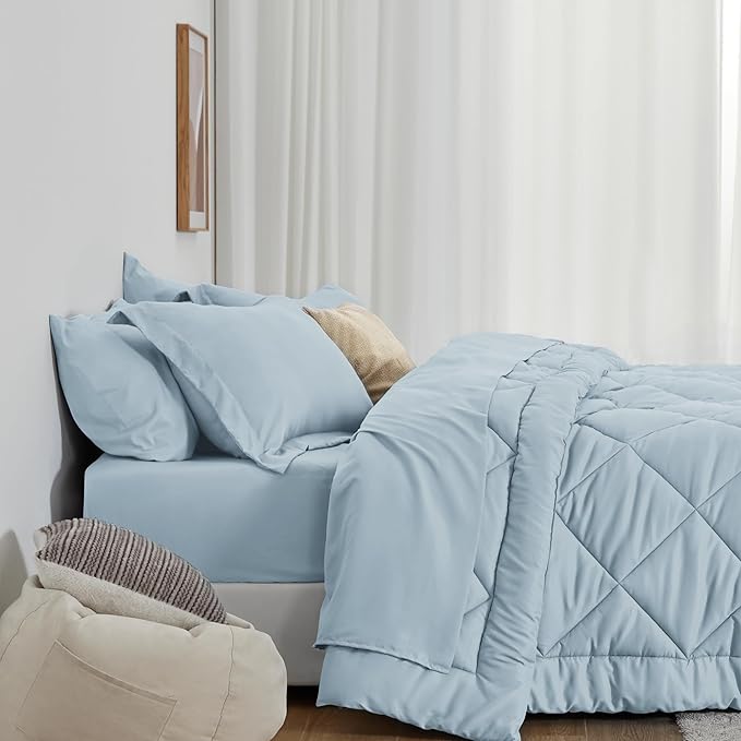 Love's cabin Full Comforter Set Light Blue, 7 Pieces Full Bed in a Bag, All Season Bedding Sets with 1 Comforter, 1 Flat Sheet, 1 Fitted Sheet, 2 Pillowcase and 2 Pillow Sham | Soft, Breathable, Lightweight, Comfortable