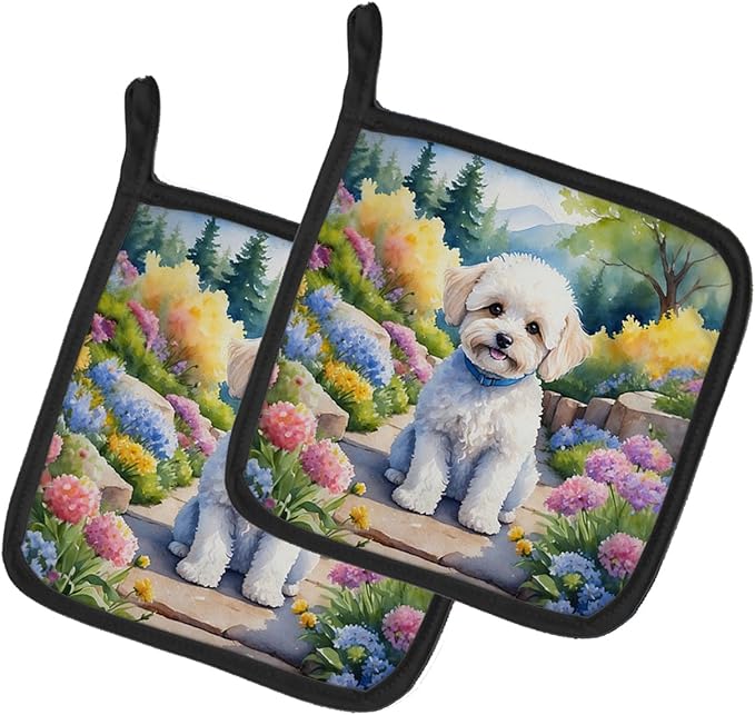 Caroline's Treasures Maltipoo Spring Path Pair of Pot Holders Kitchen Heat Resistant Pot Holders Sets Oven Hot Pads for Cooking Baking BBQ, 7 1/2 x 7 1/2
