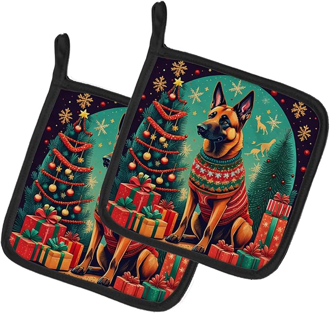 Caroline's Treasures Belgian Malinois Christmas Pair of Pot Holders Kitchen Heat Resistant Pot Holders Sets Oven Hot Pads for Cooking Baking BBQ, 7 1/2 x 7 1/2