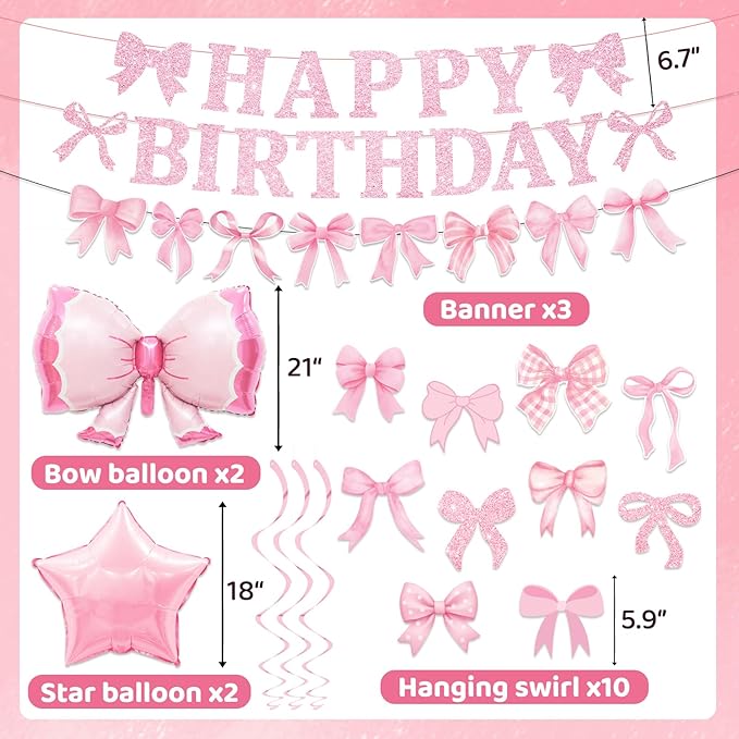 26Pcs Pink Bow Birthday Party Decorations, Bow Birthday Decorations Girl Include Happy Birthday Banner Hanging Swirls Set Balloons for Women Girls Bow Party Decorations, Baby Shower Party Supplies