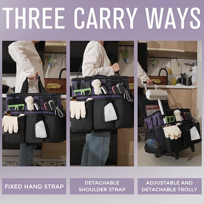 SCAVATA Rolling Cleaning Caddy Bag with Detachable Trolley, Large Cleaning Supplies Organizer with Wheels, Multi Pocket Cleaning Cart with Adjustable Shoulder Strap for Housekeeper & Home, GrapePurple