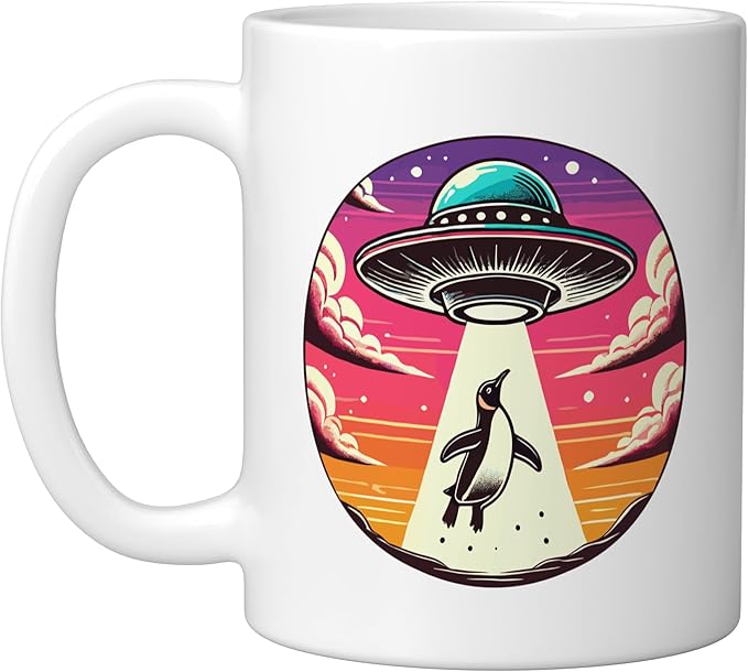 Penguin Abducted Alien Spacecraft Outer Space Abduction Ceramic Mug, White