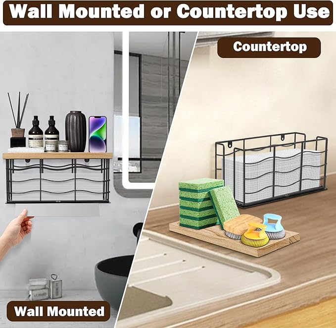 Paper Towel Dispenser, Metal Paper Towel Holder with Wood Lid, Commercial Napkin Dispenser, Tri-Fold Paper Towel Stand for Home Bathroom Kitchen, Wall Mounted & Countertop (Matte Black)