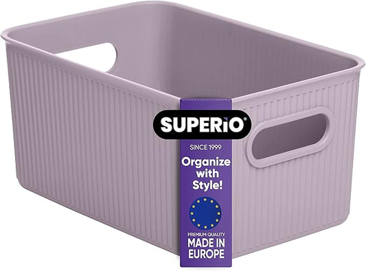 Superio Ribbed Collection - Decorative Plastic Basket Open Home Storage Bins Organizer, Medium Lilac Purple (1 Pack) Container Boxes for Organizing Closet Storage Bins for Shelves 5 Liter