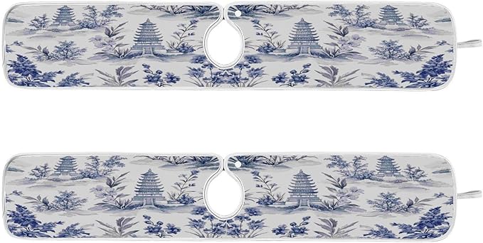 Kitchen Faucet Absorbent Mat, Ink Chinese Pagodas Trees Water Splash Guard for Sink, Faucet Drip Catcher Thicken Sponge Microfiber Faucet Water Catcher Mat Sink Absorbent Mat for Kitchen 14x5in 2Pack