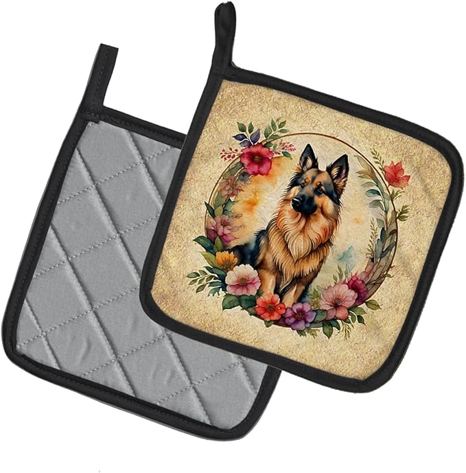 Caroline's Treasures Belgian Tervuren and Flowers Pair of Pot Holders Kitchen Heat Resistant Pot Holders Sets Oven Hot Pads for Cooking Baking BBQ, 7 1/2 x 7 1/2