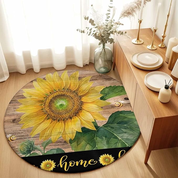 Washable Round Area Rug Summer Sunflowers Bees Circle Rugs Floor Carpet for Living Room Bedroom, Farmhouse Wood Background Soft Non Slip Round Rug 5ft