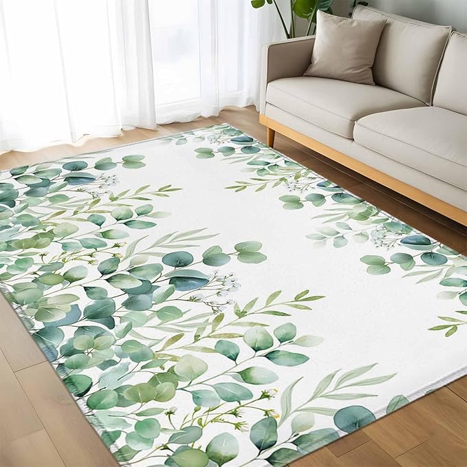Sage Green Eucalyptus Leaves 6x9 Area Rugs, Farmhouse Botanical Non-Skid Rubber Backing Large Rectangle Rugs - Living Room Bedroom Home Office, Country Indoor Floor Mat Carpets Washable Rug