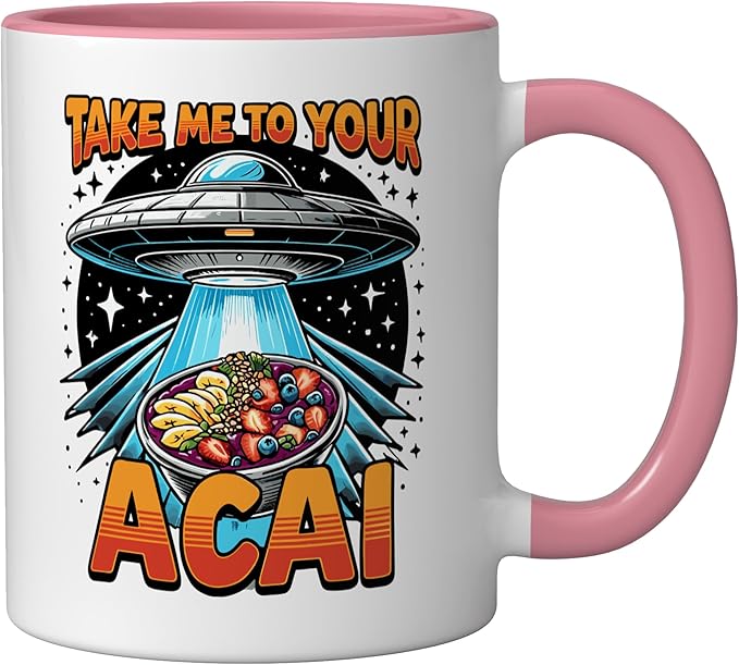 Take Me to Your Acai UFO Abduction Berry Fruit Funny Acai Ceramic Mug, Pink/White