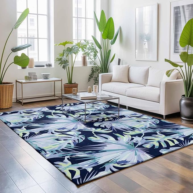 Area Rug 8x10ft, Watercolor Blue Teal Palm Leaves Washable Rugs for Living Room Bedroom, Abstract Botanical Soft Non-Slip Area Rugs Rectangle Floor Carpet for Dining Room