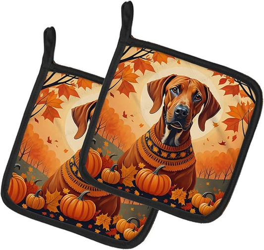 Caroline's Treasures DAC1066PTHD Rhodesian Ridgeback Fall Pair of Pot Holders Kitchen Heat Resistant Pot Holders Sets Oven Hot Pads for Cooking Baking BBQ, 7 1/2 x 7 1/2