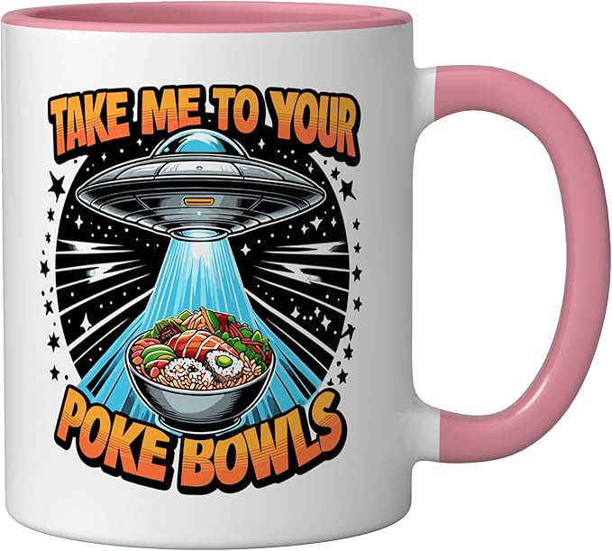 Take Me to Your Poke Bowls Hawaiian Food Funny Poke Bowl Ceramic Mug, Pink/White