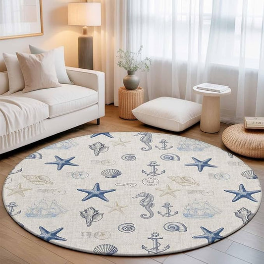 Washable Round Area Rug Coastal Seahorse Starfish Shell Conch Circle Rugs Floor Carpet for Living Room Bedroom, Vintage Nautical Anchor Soft Non Slip Round Rug 3ft