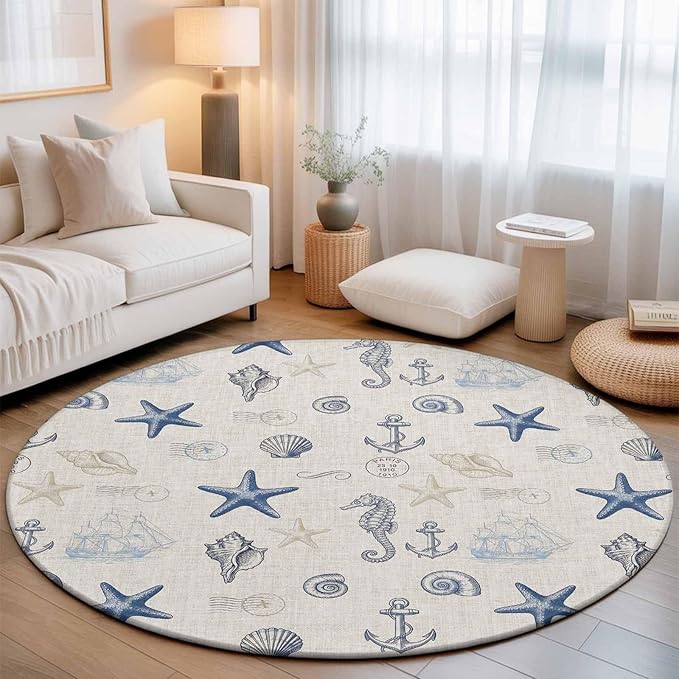 Washable Round Area Rug Coastal Seahorse Starfish Shell Conch Circle Rugs Floor Carpet for Living Room Bedroom, Vintage Nautical Anchor Soft Non Slip Round Rug 5ft